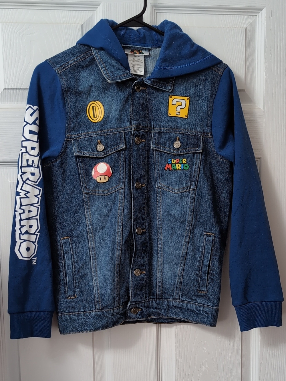 Nintendo Blue Denim-Look Hoodie Jacket with Super Mario Patches